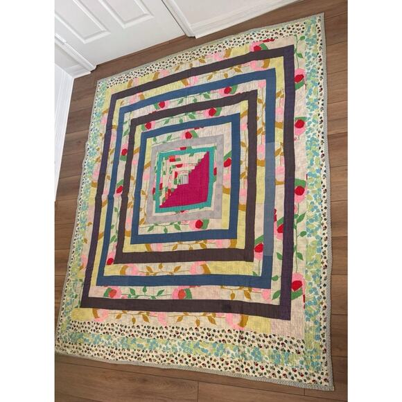 Vintage Hand Quilted Log Cabin Housetop Quilt Concentric Squares Abstract 6x7 - Picture 1 of 16